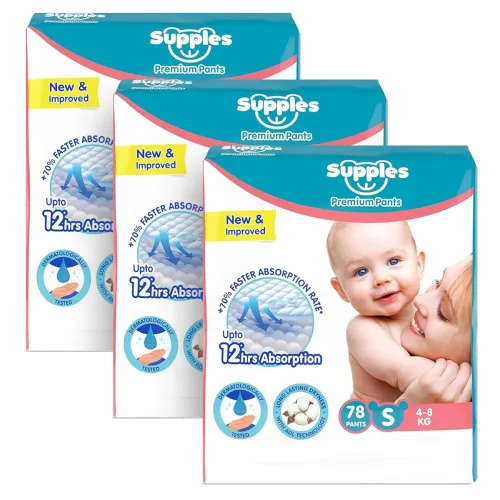 Image of Amazon Brand - Supples Premium Baby Diaper Pants | 234 Baby Diapers | Small | 4-8 Kg | 78 x 3 Packs | 12 Hrs Absorption 