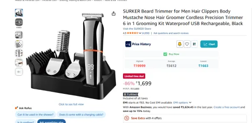 Image of SURKER 6-in-1 Cordless Grooming Kit Beard & Hair Trimmer (Black)
