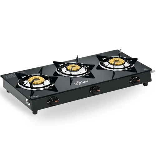 Image of Surya Flame 3 Burner Glass Top Gas Stove | ISI Certified | Manual Ignition 
