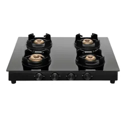 Surya Flame Black Knight Gas Stove 4 Burners Glass Top | 4 Burner Stove, 4 Burner Gas Stove Glass Top, Forged Brass Burners with Jumbo Burner, Flame Guard Pan Support & Black Steel Drip Tray