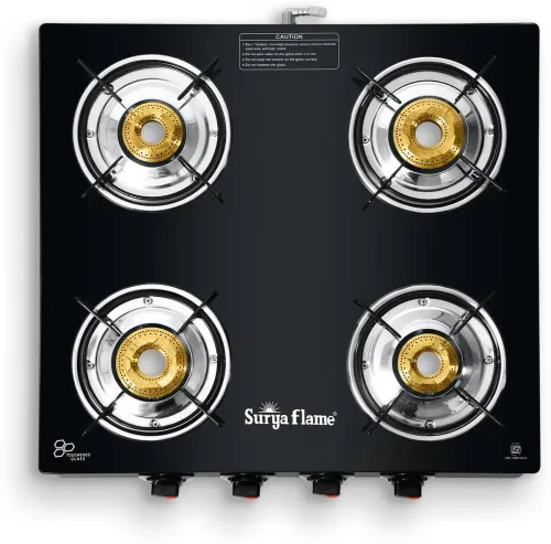Image of Suryaflame Splendor 4 Burner Gas Stove (Brass Burner, Glass Top)