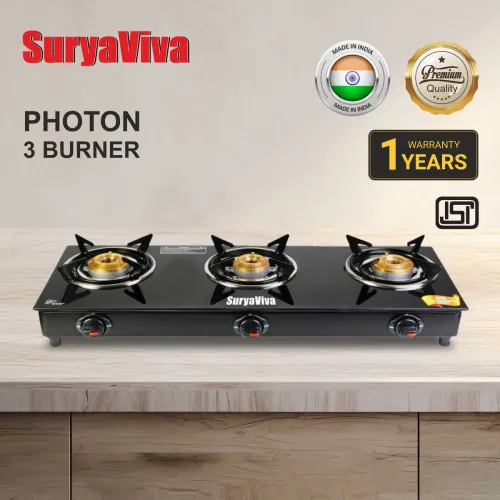 Image of SURYAVIVA 3B Photon Bk Toughened 3 Cast Iron (Manual,Black) Glass Manual Gas Stove  (3 Burners)