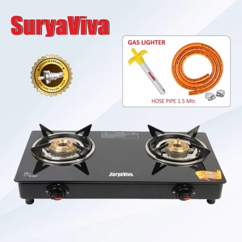 Image of SURYAVIVA 2Burner Glass Gas Stove with Hose Pipe & Lighter Combo