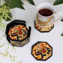 Swadeshi Blessings Wooden Octagonal Coffee / Tea Coasters Set- Handcrafted & Hand-Painted for Kitchen/Table & Home Decor/Dinning/Gifts/Restaurants/Living Room/Coffee Table (Set of 6) (Black)
