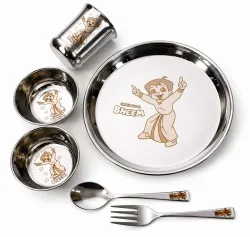 Swarn Bhumi Pack of 6 Steel The Super Chhota bheem permanent laser print dinner set for kids " Dinner Set (Steel)