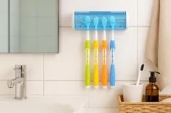 Swaze Plastic Toothbrush Holder with Cover for Bathroom | 5-Slot Wall Mounted Toothbrush Holder with Screw | Bathroom Organizer | (Multicolour, Pack of 1) (1 Pack)