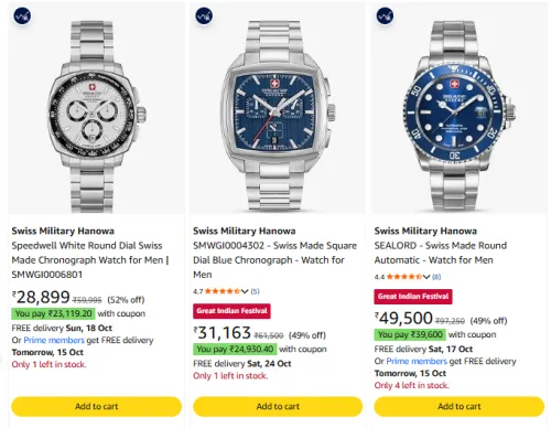 Image of Swiss Military Hanowa Wrist Watches at minimum 50% Discount