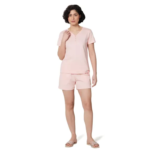 Image of Symbol Premium Women's Pure Cotton T-Shirt and Shorts Night Suit | Henley Neck