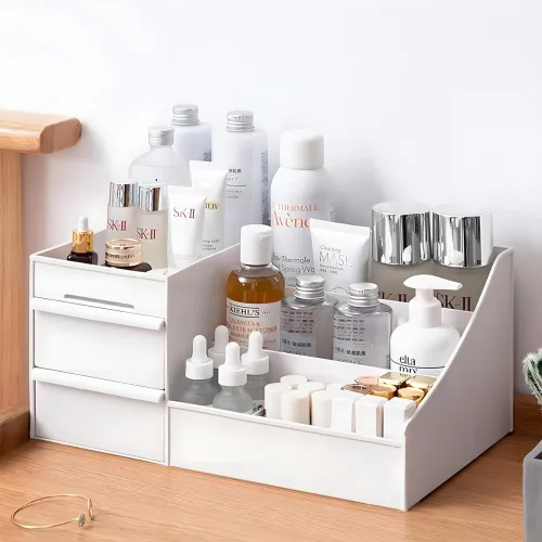 Image of SYNYEY Cosmetic Organizer with Drawers, Plastic Makeup Storage Box, White