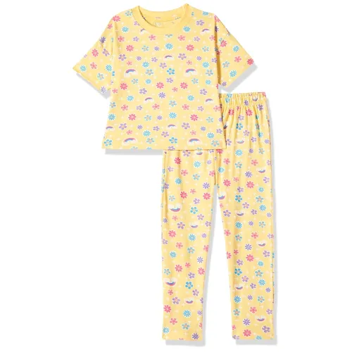 Image of T2F Girls Cotton Printed Oversized Fit Crop Top and Pant Pajama Set