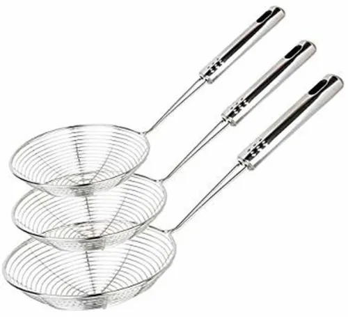 Image of TACHI Stainless Steel Puri Strainer Jhara Deep Frying Basket  (Silver Pack of 3)