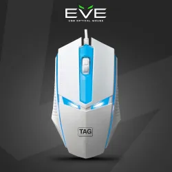TAG EVE Wired Optical Mouse White USB Interface, 1000 DPI High Precision Sensor, 3 Button Control, Breathing LED Light, 