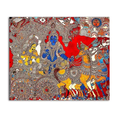 Image of Tamatina Kalamkari Art Canvas Painting|Krishna and Arjuna |Size-24X20