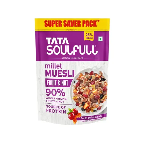 Image of Tata Soulfull Millet Muesli, Fruit & Nut, 700 g, With 20% Crunchy Millets, 90% Whole Grains, Source of Protein, High in 