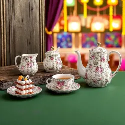 Tea Cup Set with Kettle, Sugar & Milk Pot for Hosting & Gatherings | 15 Pieces - 6 Cups, 6 Saucers, 1 Tea Kettle, 1 Milk & 1 Sugar Pot | Wide Mouth Latte Cups