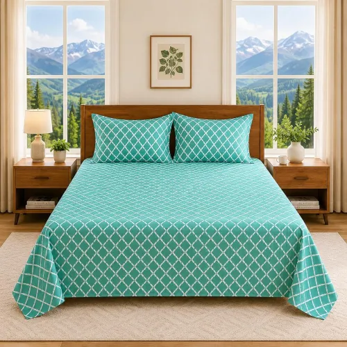 Image of Teal Geometric Queen Bedsheet with Two Pillow Covers