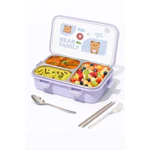 Image of TEC TAVAKKAL Lunch Box 3 Compartment Leak Proof BPA Free Stainless Steel Bear