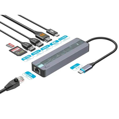 Image of Techie 7-in-1 USB-C Hub with HDMI 4K, RJ45 Gigabit Ethernet, 2× USB 3.0, SD /TF Card Reader & 100W PD – Aluminum Multipo