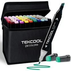 TEKCOOL Dual Tip Colorful Art Markers Sketch Pens 24 Colors With Carrying Case For Painting Sketching Calligraphy Drawing -Twin Head Permanent Colouring Marker Pens For Kids Adult, Multicolo...
