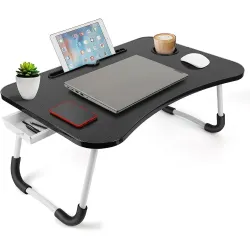 TEKCOOL Study Table Foldable Wooden Laptop Bed Tray Table, Multifunction Lap Tablet Desk with Cup Holder, Perfect for Eating Breakfast, Reading Book, Working, Watching Movie On Bed'
