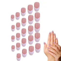 TEMPERIA Press On Fake Nails For Women & Girls - French Acrylic Reusable Aesthetic - Stick On Artificial False Nails Extension - (24 pcs) (Pink & White)