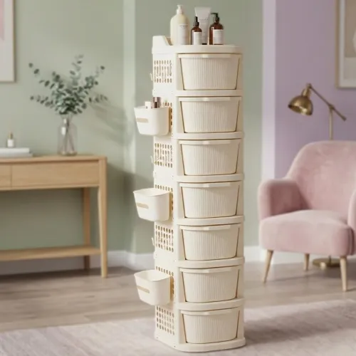 Image of TEX-RO 7 Layer Plastic Drawer Cabinet Wheels Hooks Ivory