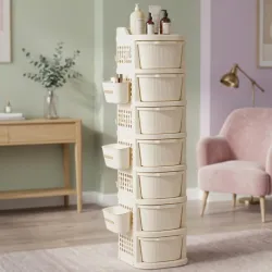TEX-RO 7 Layer Plastic Drawer Cabinet with Wheels & Side Hooks | Stackable Storage Trolley Organiser for Kitchen, Bedroom, Bathroom | Multipurpose Drawers Organisers Rack with Basket - Ivory