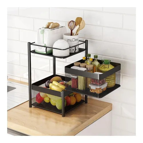 Image of TEX-RO Kitchen Trolley with Wheels | 2-Layer Metal Vegetable Basket Stand & Kitchen Storage Rack | Multipurpose Kitchen 
