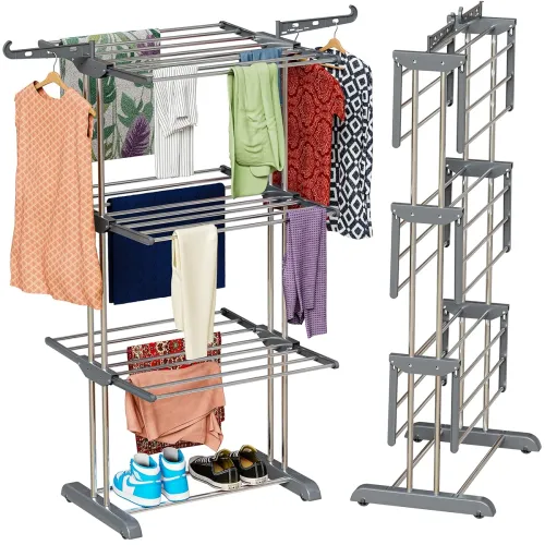 Image of TEX-RO 3 Layer Foldable Stainless Steel Clothes Drying Stand | Grey