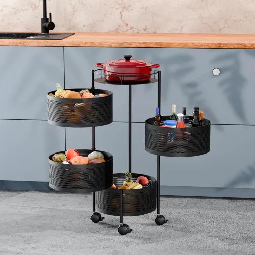 Image of TEX-RO Kitchen Trolley with Wheels | 4-Layer Metal Vegetable Basket Stand