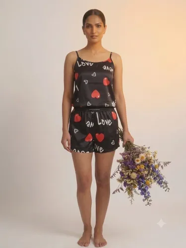 Image of tfv Women Night Suit Set Black Printed