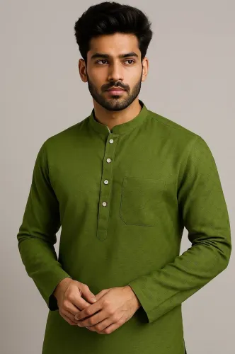 Image of The Bashar Enterprises  Men Solid Cotton Blend Straight Kurta (Green)