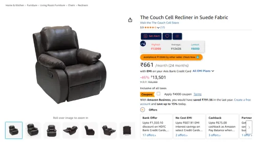 Image of The Couch Cell Recliner in Suede Fabric