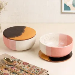 The Earth Store Set of 2, 500ML Tritone Pink Matte Ceramic Bowl with Multipurpose Uses Lid, Coaster | Dishwasher & Micro