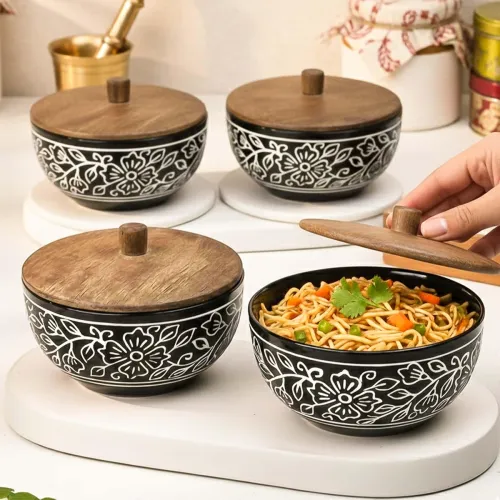 Image of The Earth Store Black Artvine Ceramic Bowl Set of 4