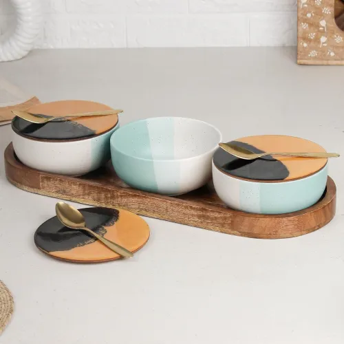 Image of The Earth Store TT Green Matte Ceramic Bowl Serving Set – 3 