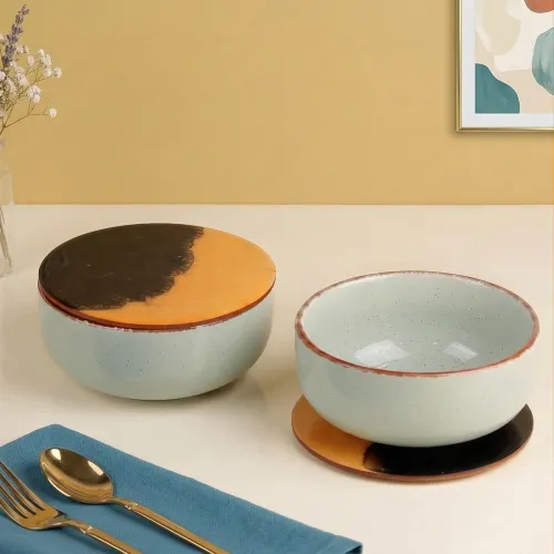 Image of The Earth Store Mint Marble Ceramic Bowl with Lid Set of 2, 580ML | Multipurpose Coaster/Lid | Dishwasher & Microwave Sa
