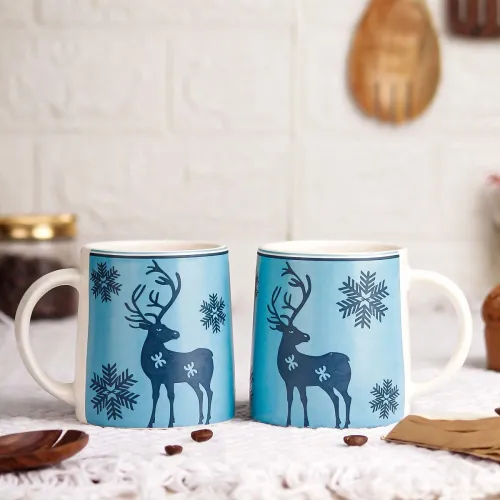 Image of The Earth Store Blue Reindeer Ceramic Coffee Mug Set-2 300ml