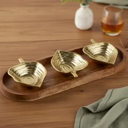 The Earth Store Golden Leaf Ceramic Platter Set of 3 Small Leaf Platter and 1 Wooden Large Tray | Perfect for Serving Nu