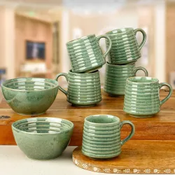 The Earth Store Sage Green Ceramic Bowls Set of 2 & Tea Cup Set of 6 Microwave & Dishwasher Safe Bowls for Serving Soup,