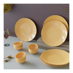 The Earth Store Handcrafted Mustard Marble Ceramic Dinner Set, 12 Pieces Serving for 6 | Microwave & Dishwasher Safe Plates & Bowls | Crockery Set for Dining and Gifting
