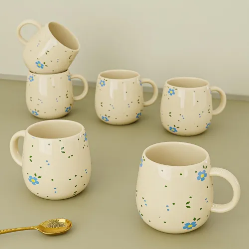 Image of The Earth Store Ovule Flower Ceramic Cup Set of 6 for Tea, 160ML