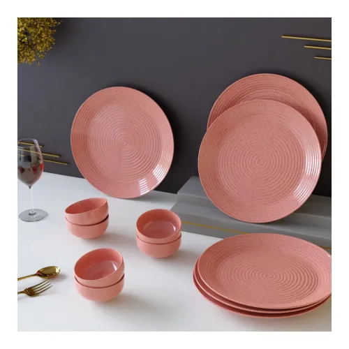 Image of The Earth Store Spiral Pink Set of 12 Piece Ceramic Dinner Set