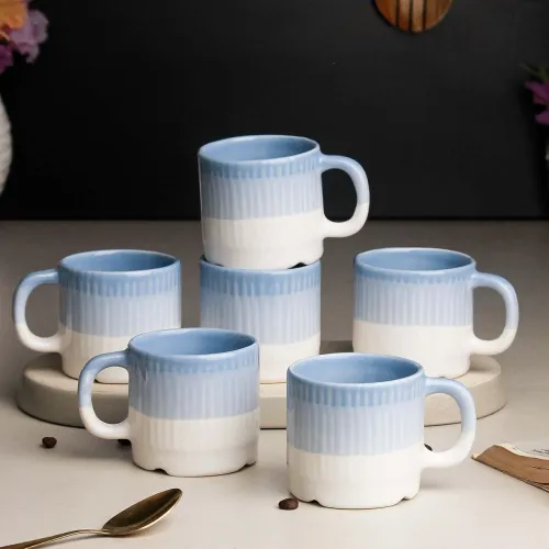 Image of The Earth Store Tritone Sky Blue Ovule Shape Cup Set of 6 for Tea Microwave