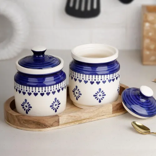 Image of The Earth Store Blue Drape Ceramic Jar with Wooden Tray | 650ml Each | Pickle Jar | Kitchen Storage Container Set for Pi