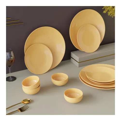 Image of The Earth Store Handcrafted Mustard Marble 12 Piece Ceramic Dinner Set, 4 Full Dinner Plates, 4 Quarter Plates, 4 Vegeta
