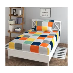 THE HOME STYLE Cotton Feel Glace Cotton Elastic Fitted All Around Printed Full Length Single Bed Bedsheet with 1 Pillow 