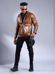 The Indian Garage Co Men Brown Solid Faux Biker Jacket