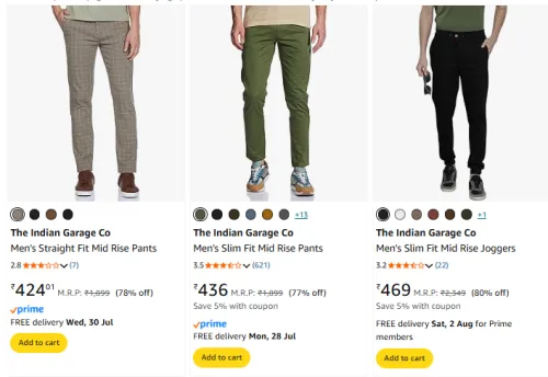 Image of The Indian Garage Co Men Fashion Pants Minimum 75% Discount