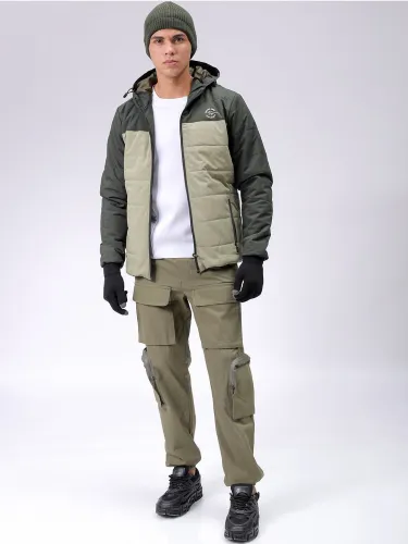 Image of The Indian Garage Co Men Hooded Colourblocked Slim Fit Puffer Jacket